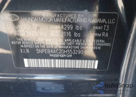 2013 Hyundai Sonata Gls z USA, uszkodzony, nr VIN 5NPEB4AC2DH553290